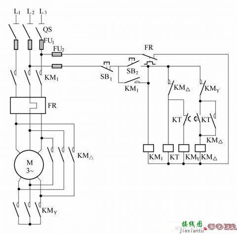 接触器联锁的正反转及星三角降压起动的原理图和接线图  第1张