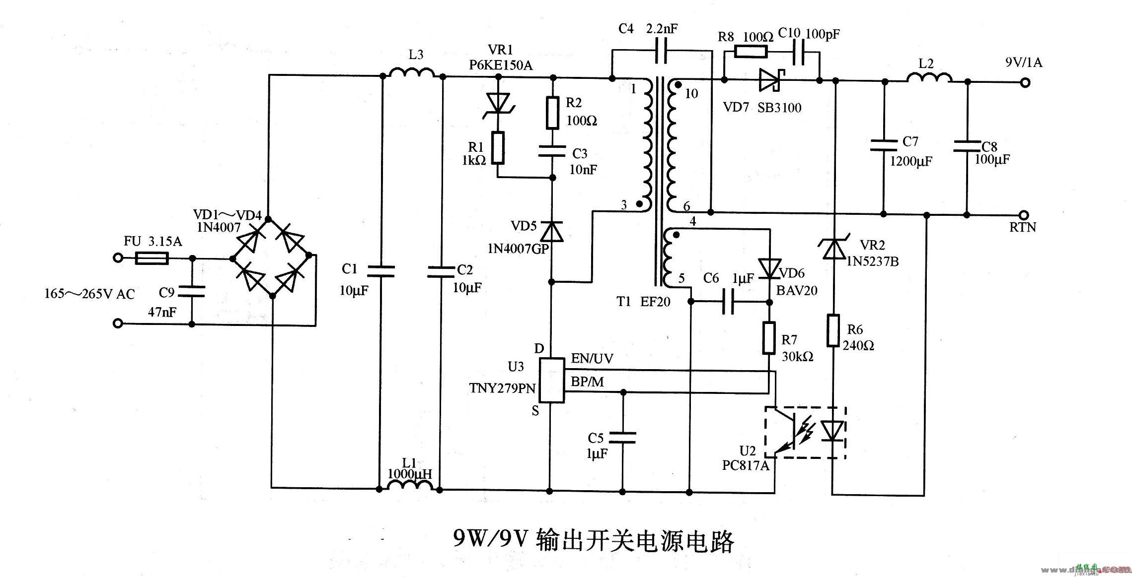 9W／9V输出开关电源电路图  第1张