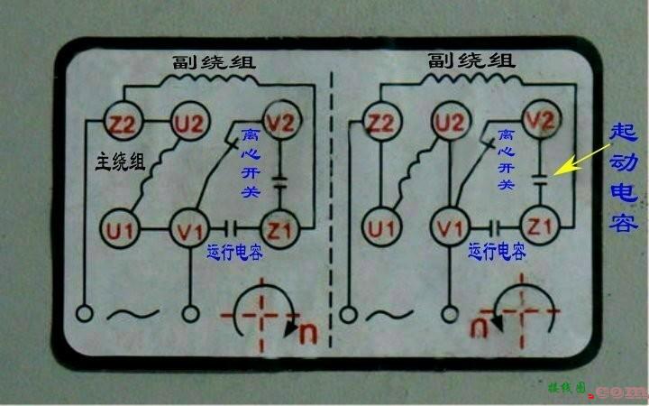 单相电机逆顺接法启动电路图  第1张