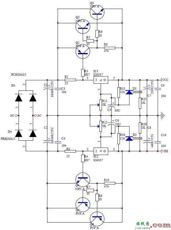 LM317/LM337正负稳压扩流电源电路图  第1张