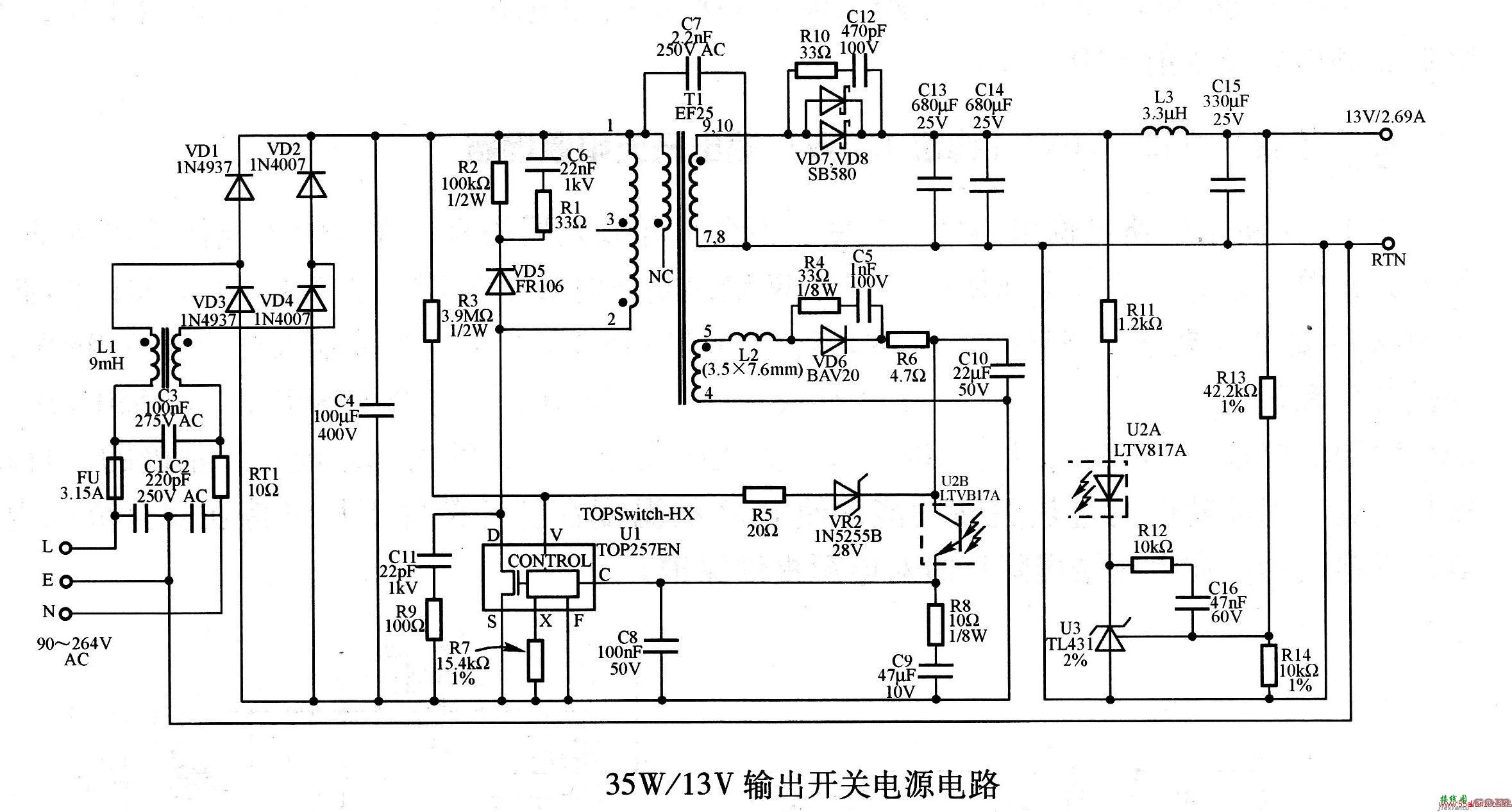 35W／13V输出开关电源电路图  第1张