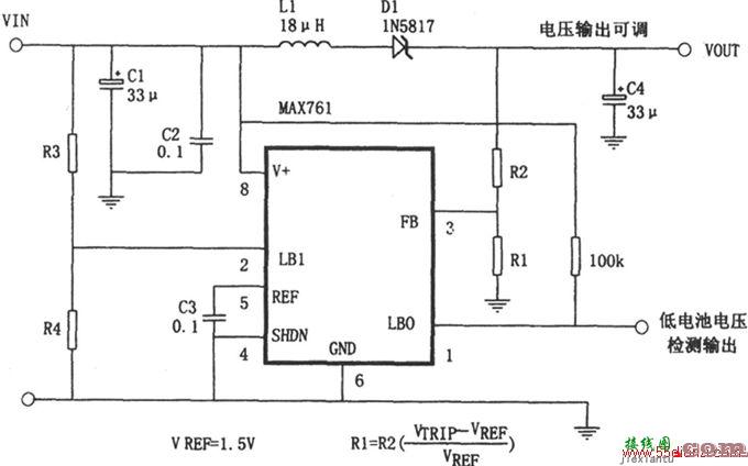 MAX761构成的可调输出升压电源电路图  第1张