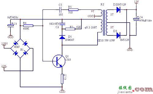 简易220V转12V开关电源电路图  第1张