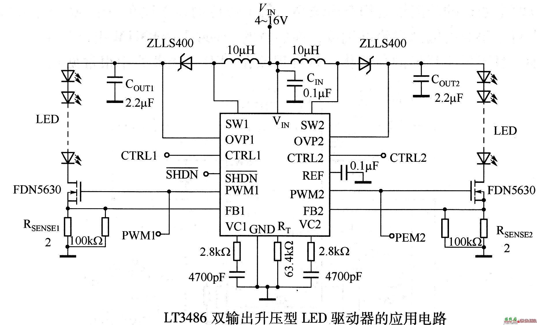 LT3468双输出升压型LED驱动器的应用电路  第1张