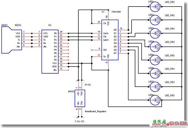 8个74HC595驱动的LED电路图  第1张