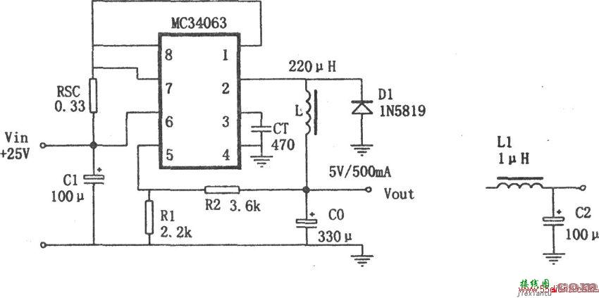 用MC34063制作的降压变换电源电路图  第1张