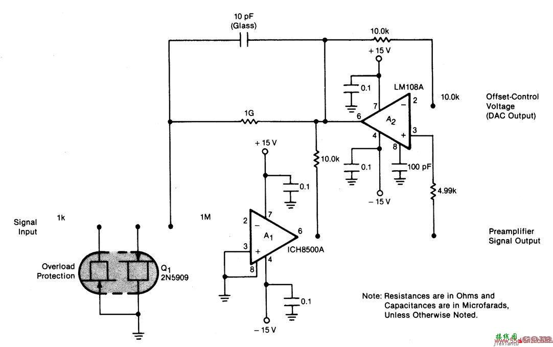 带过载保护的静电计放大器电路  第1张
