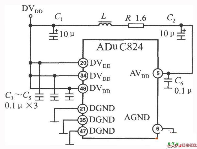 高精度单片数据采集系统ADuC824单电源供电电路图  第1张