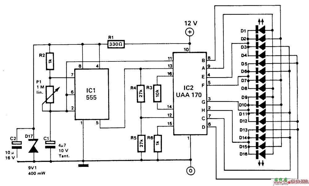 跑马灯定序列驱动16个LED电路图  第1张