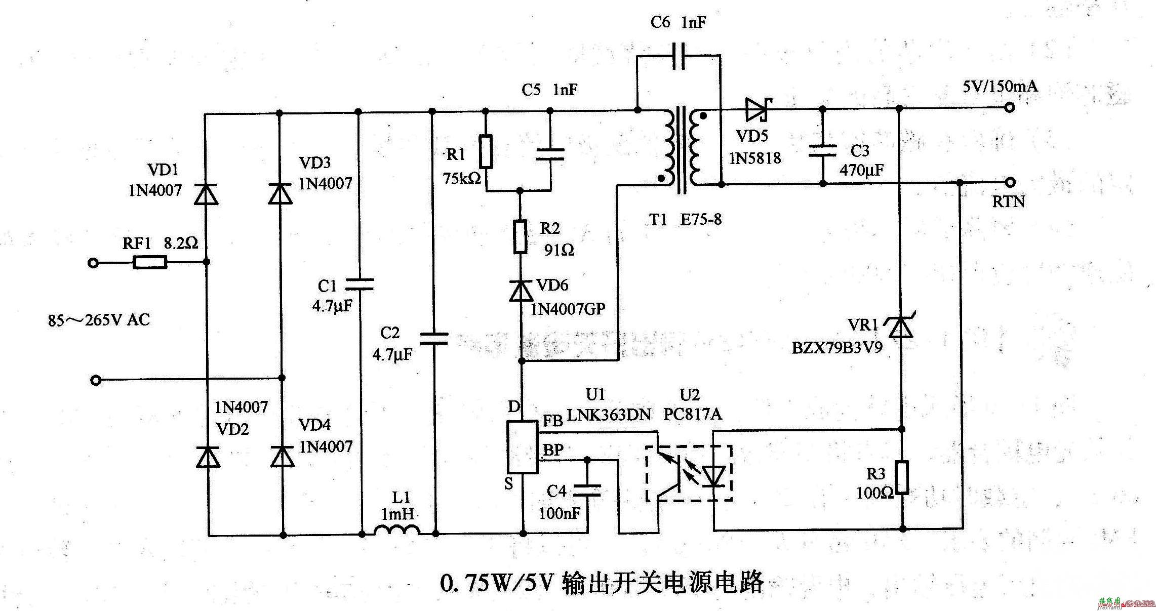 0.75W／5V输出开关电源电路  第1张