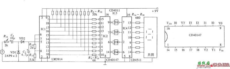 CD40147、CD4511超级数字式电平显示器电路图  第1张