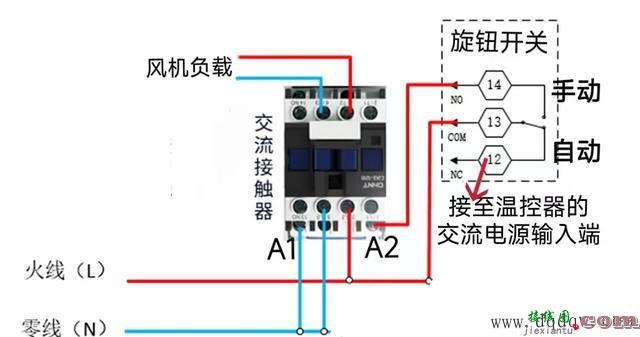 用温控器控制风机启停手动自动怎么接线？温控器控制交流接触器接线图怎么接  第3张