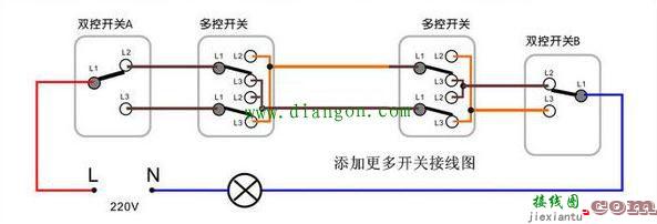 一灯三控开关接线图解_一灯四控开关接线图解_多控开关实物接线图  第4张