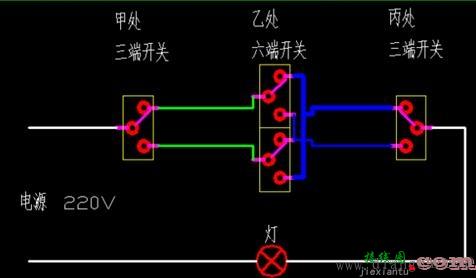 三个单联双控开关控制一盏灯接线图  第1张