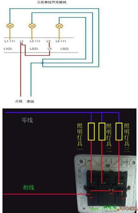 三开单控开关接线图  第1张