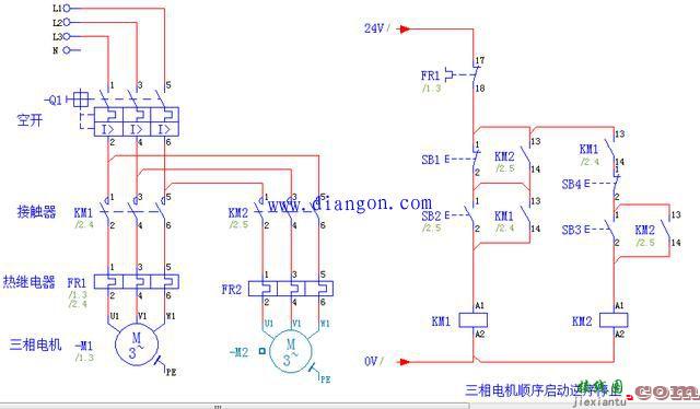 三相电机的顺序启动，逆序停止控制电路图原理讲解  第1张