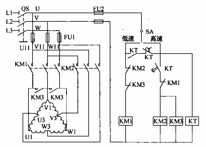 △-Y转换双速电动机控制电路  第1张