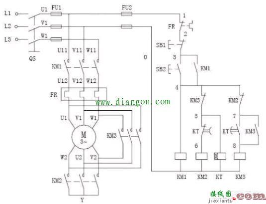 一个时间继电器和两个交流接触器星三角启动原理图  第1张