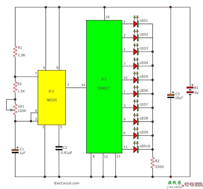 使用IC-4017 + IC-555的追逐电路  第1张