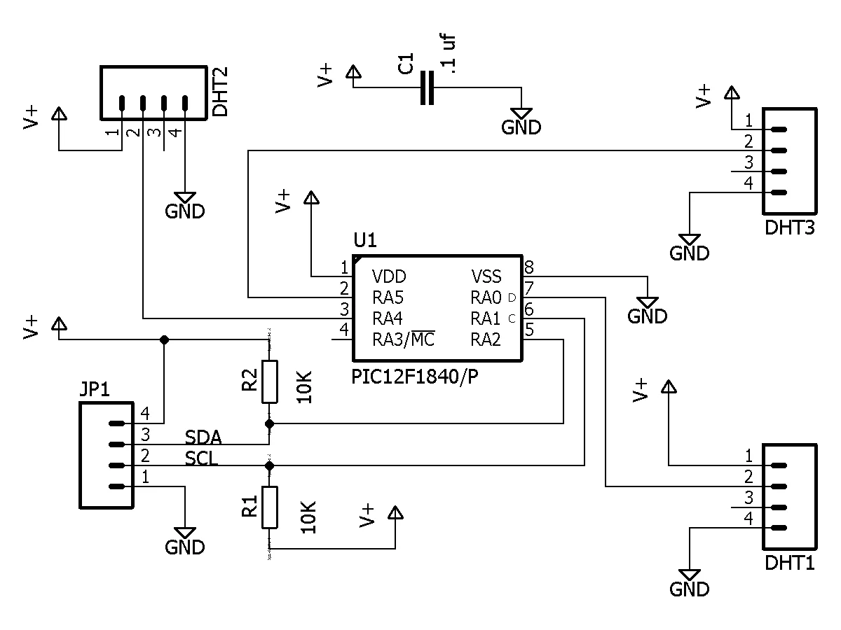 PIC I2C 接口和三个 DHT 传感器电路  第1张