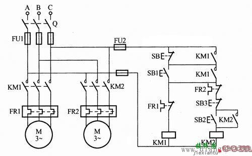 两台电动机顺序启动逆序停止电路图  第1张