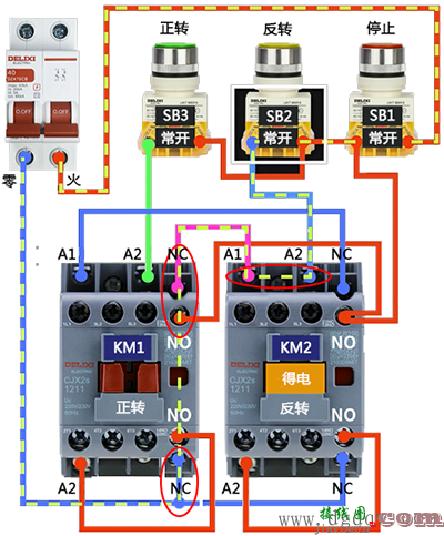 三相电机正反转控制电路图实物接线原理  第1张