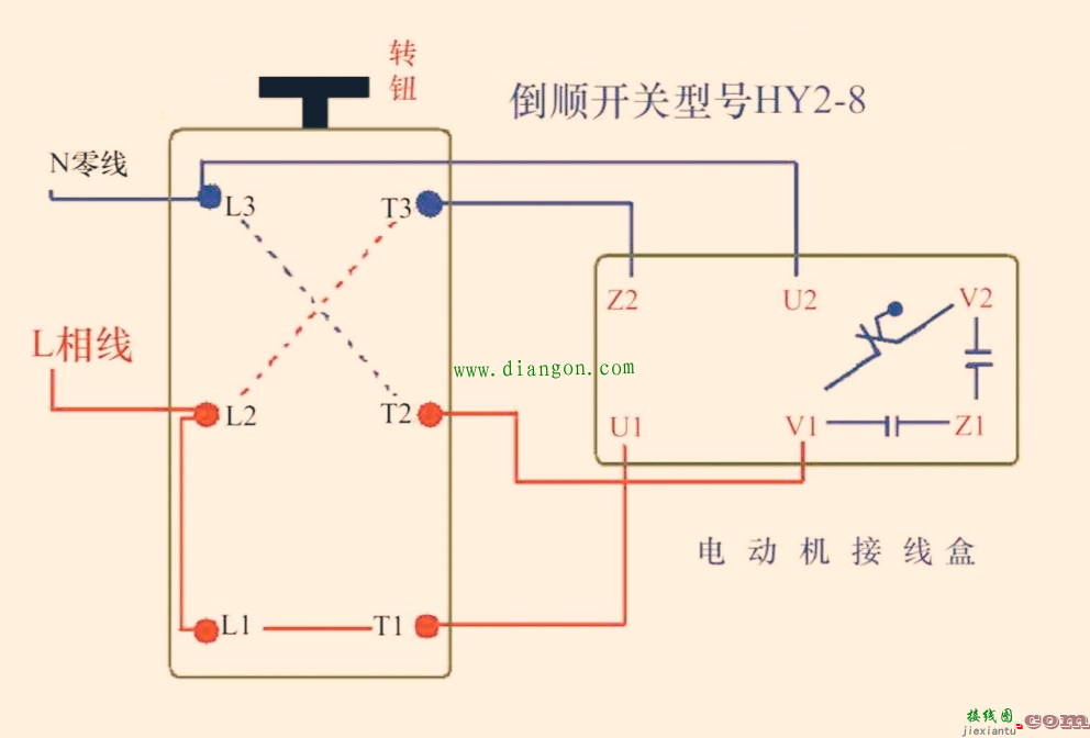 倒顺开关控制双电容单相电机正反转接线图_单相双电容电动机接线详解  第4张