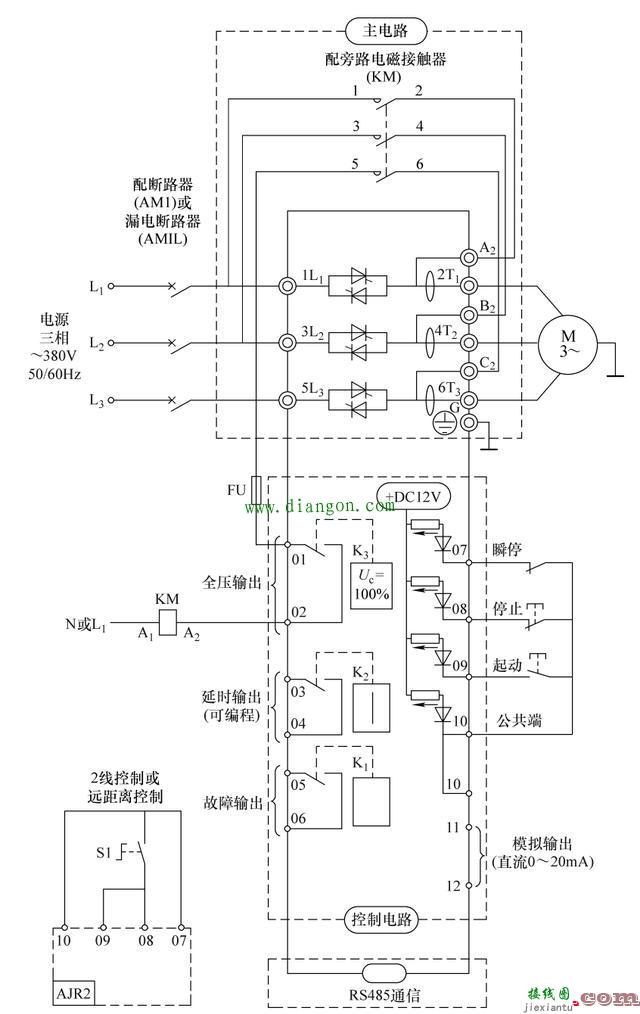 三相异步电动机软起动器减压起动线路图和接线图原理图解  第2张