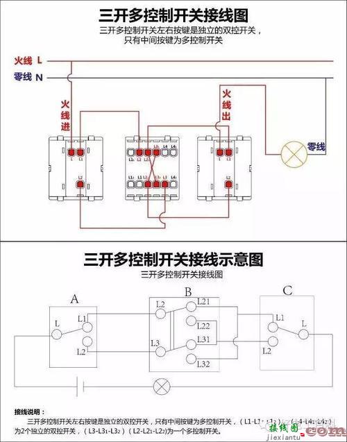 三开双控开关接线图实物图，三开双控开关接线图实物图片  第1张