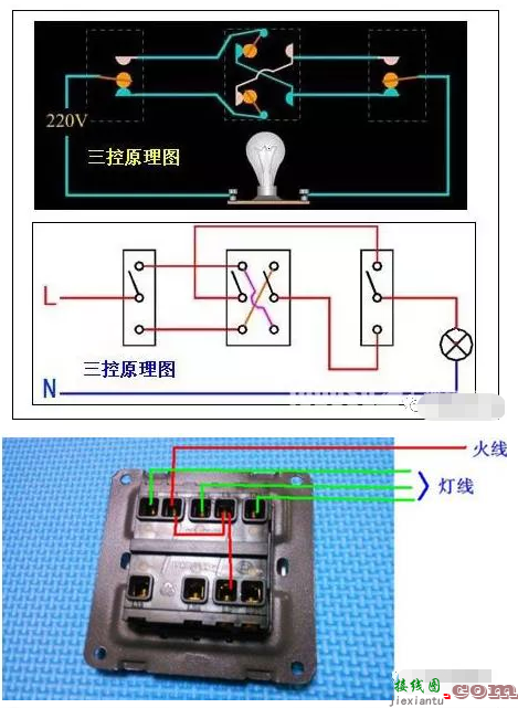 三控一灯开关接线图，三控一灯开关接线图控电路图  第5张