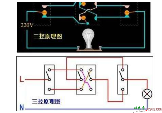 三开关控制一灯电路图-一个灯三个开关接线图  第16张