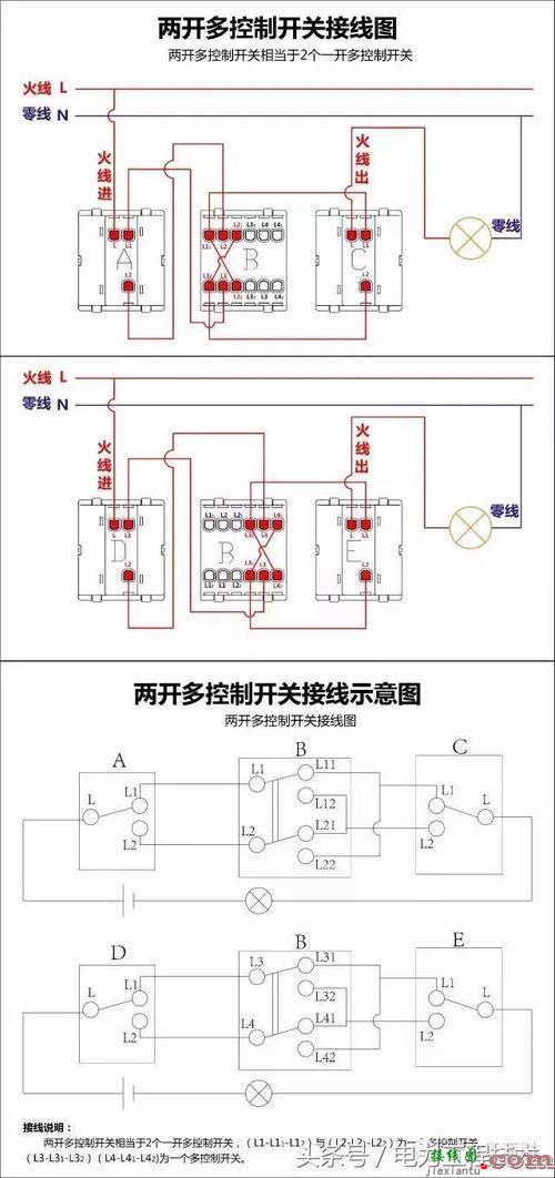 单联四控灯开关接线图-灯和开关的接法图  第1张