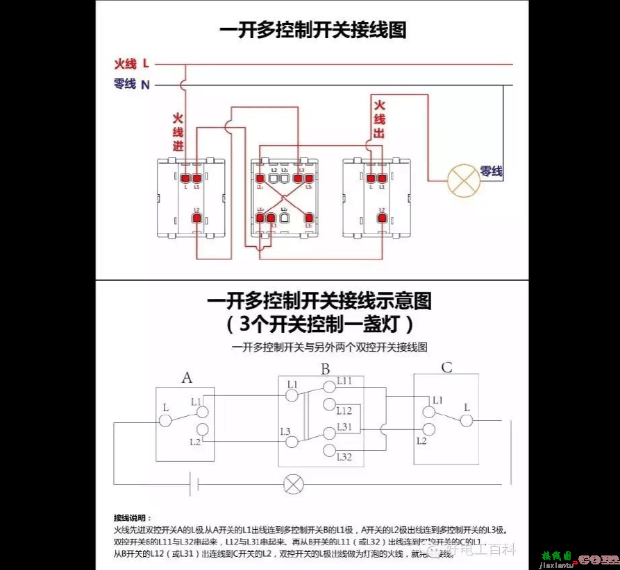 公牛三开单控开关接线图-220v电灯三控开关接线图  第4张