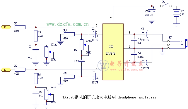 TA7376组成的耳机放大电路图  第1张