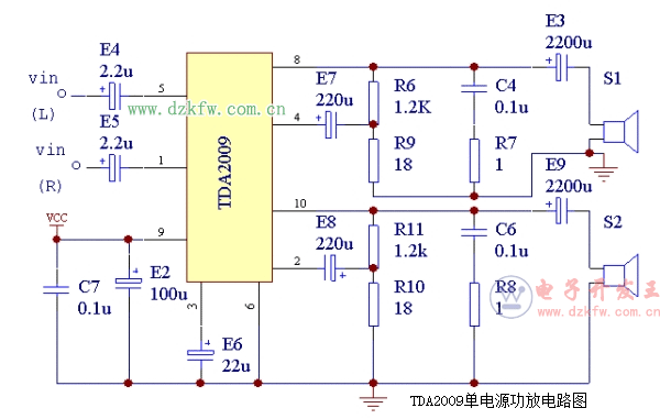 TDA2009单电源功放电路图  第1张