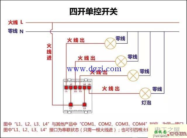 四开单控开关怎么接线_四开单控开关接线图解  第1张