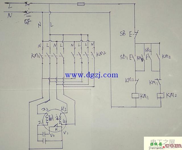 单相220伏电容电机倒顺开关与接触器正反转控制接线图  第4张