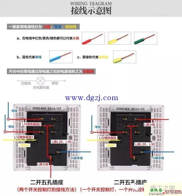 公牛暗装开关二开五孔双控接线图  第1张