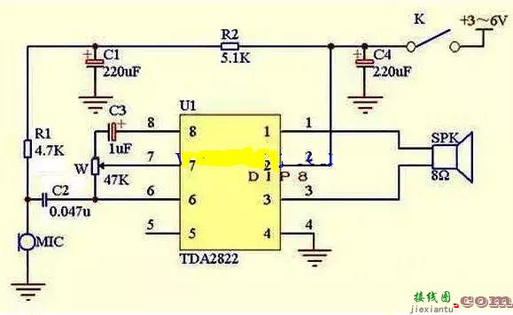 TDA2822话筒功放电路图  第1张