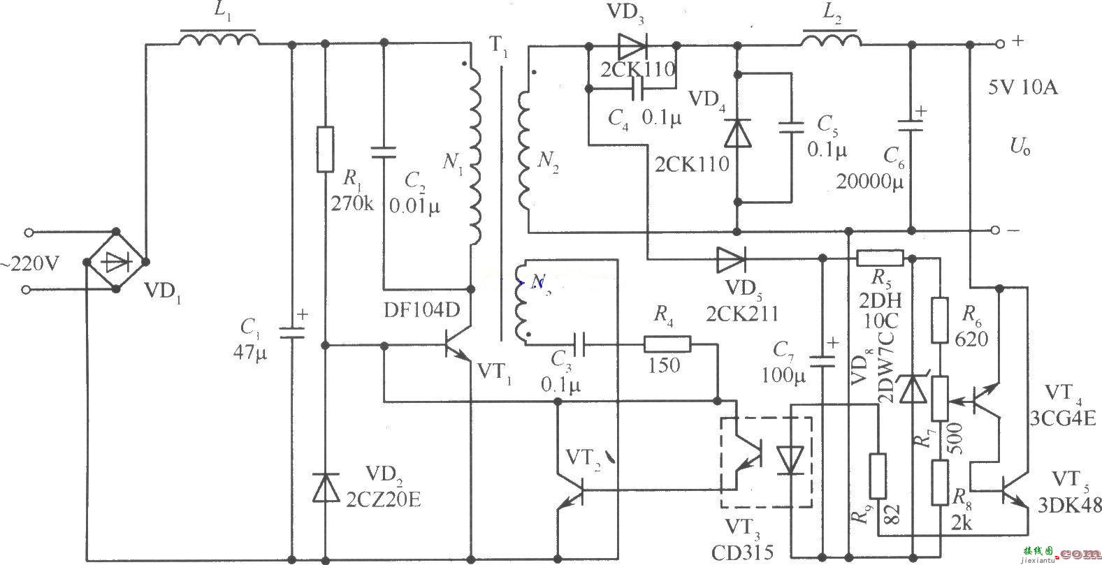 单端正激变换式开关稳压电源电路图  第1张