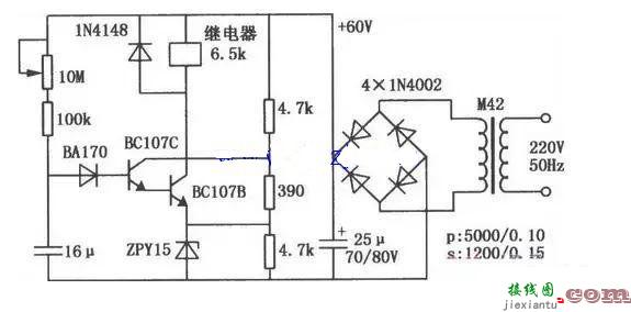 简单晶体管继电器延时吸合电路图  第1张