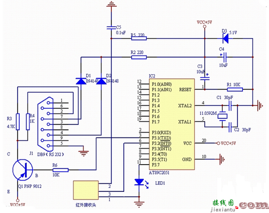 简单的2051单片机电脑遥控器电路图  第1张