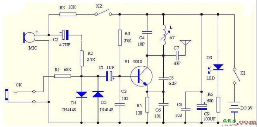 9018简易调频发射器电路 - 最简单无线发射电路图大全（超声波发射/射频收发电路/调频发射器）  第2张