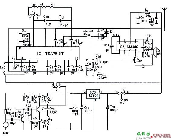 TDA7010T+LM386调频对讲机电路图  第1张