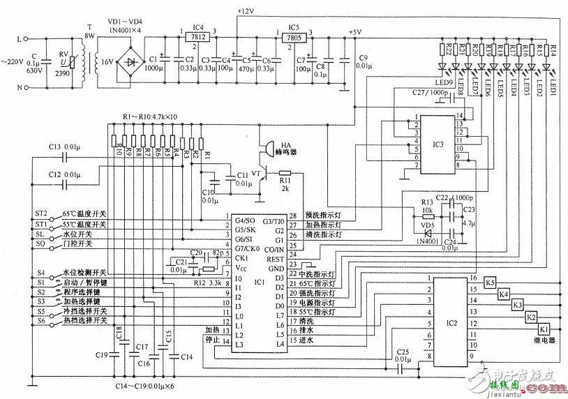 一款采用微处理器控制方式的洗碗机电路设计原理图  第1张