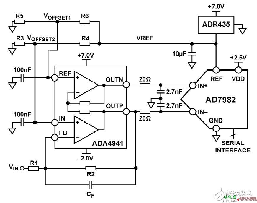 采用差分PulSAR ADC AD7982转换单端信号电路图  第1张