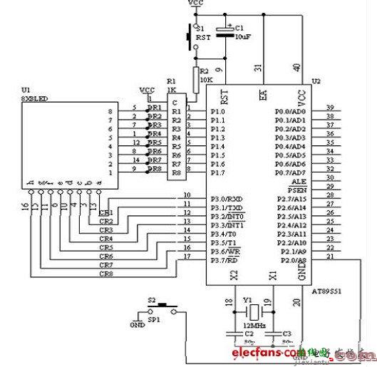 基于单片机的点阵式LED显示简单图形的原理图  第1张