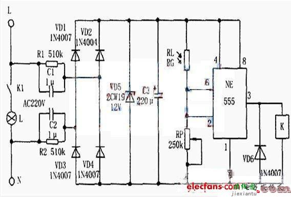 Ne555光控开光路灯电路图  第1张