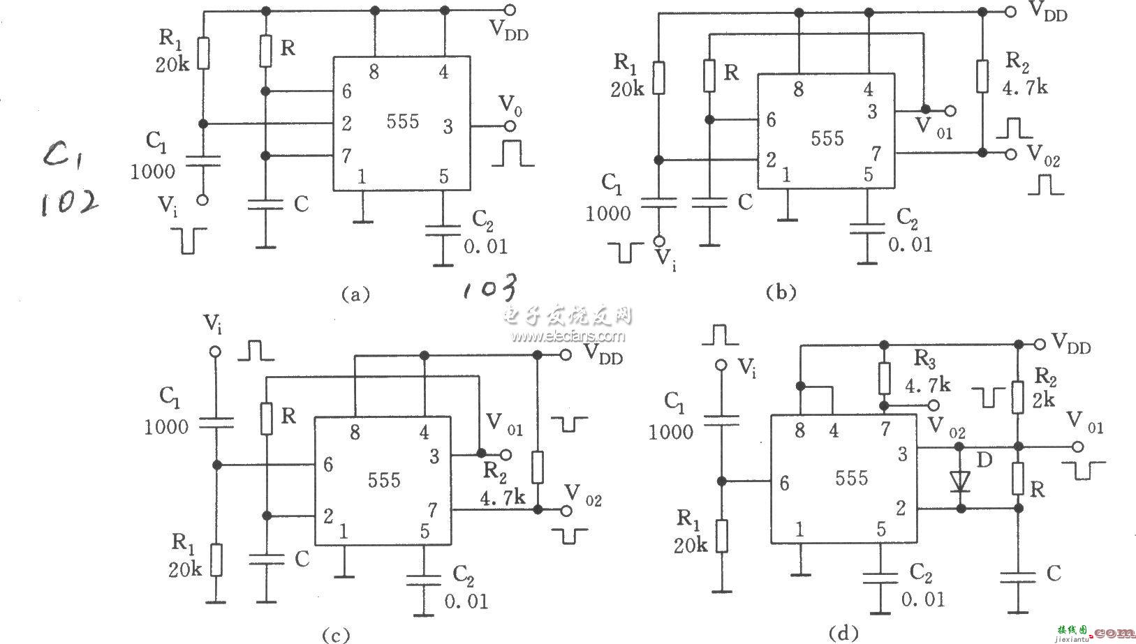 555构成的单稳态触发器的四种电路  第1张