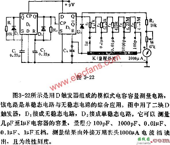 D触发器组成模拟式电容容量测量电路图  第1张